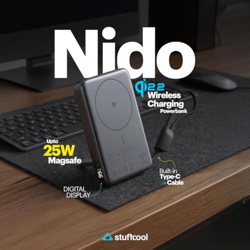 Image of Stuffcool Nido 10000mAh Qi2.2 Certified Magsafe Powerbank, 25W Fast Wireless Charging, 45W PD Fast Charging, Built-in USB-C Cable & Stand, Digital Display, Compatible with iPhone, Samsung & Pixel