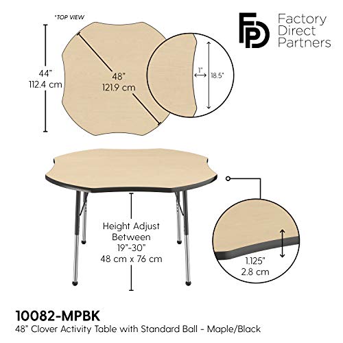 Image of FDP Clover Activity School and Office Table (48 x 48 inch), Standard Legs with Ball Glides for Collaborative Seating Environments, Adjustable Height 19-30 inches - Maple Top and Black Edge
