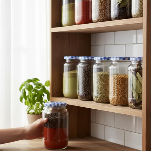 Image of ginoya brothers - Kitchen Glass Jar (3, 1000 ML JAR BLUE CHEX LID)