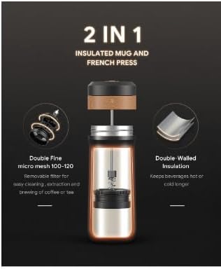 Miniatura 6 de Cafetera portátil de prensa francesa Cafetera de acero inoxidable con filtro de 2 capas con aislamiento de malla con filtro de émbolo de café 8