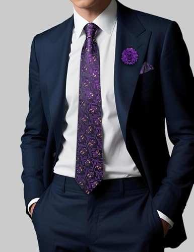 Image of DiBanGu Silk Ties for Men Necktie and Lapel Pin Brooch Set Formal Woven Paisley Plaid Striped Solid Tie Wedding Party