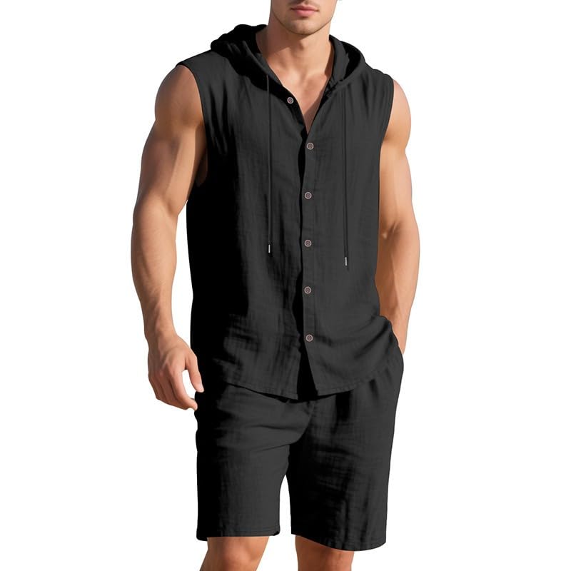 crazynekos Men Linen Feeling Sets Outfits Sleeveless Hoodies 2 Piece Short Set Beach Tank T Shirts Solid Sets