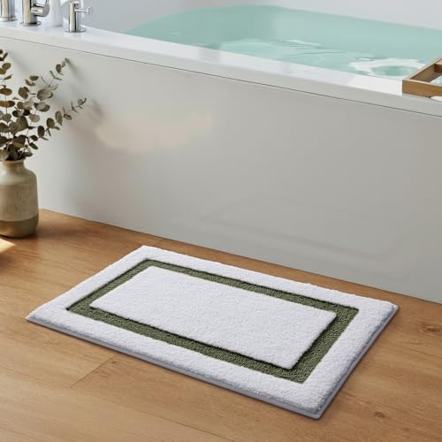 Image of Color&Geometry Mini White Bathroom Rugs 24x16, Extra Soft Absorbent Microfiber Bath Rug, Non-Slip Bathroom mat, Washable Plush Bath Mats for Bathroom, Shower, Bathtub, Laundry, Small, White Green