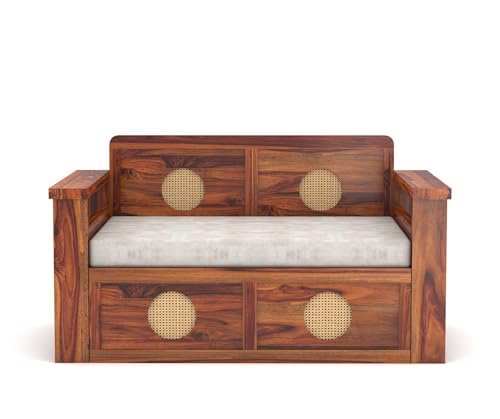 Image of ALATERRE HOME FURNITURE Solid Sheesham Wood Two Seater Sofa Cums Bed with Cane Design Panels | 2-in-1 Wooden Daybed with Cushion & Storage Drawers (Honey Finish)