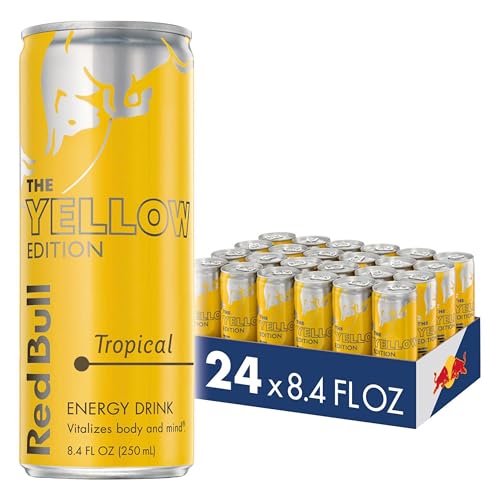 Image of Red Bull Yellow Edition Energy Drink, Tropical, with 80mg Caffeine plus Taurine & B Vitamins, 8.4 Fl Oz, Pack of 24 Cans