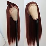 TaBeWay Synthetic Lace Front Wig Long Straight Reddish Brown Color Glueless Heat Resistant Synthetic Replacement Hair Wig For Women