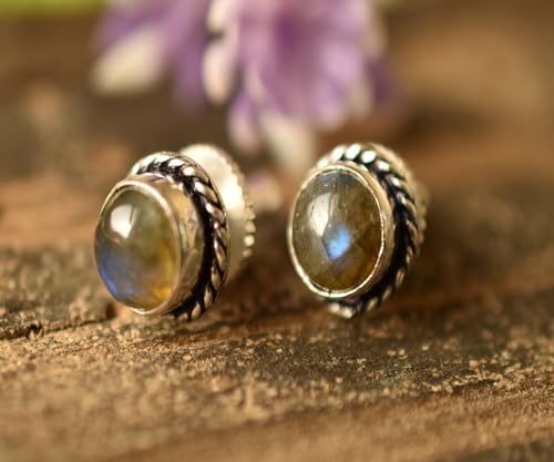 Labradoritede Stud Earrings Round Shape 925 Sterling Silver Overlay Handmade Earrings by SAJTOX - Image 2