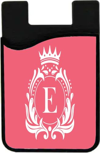 Island Gifting - Letter E Monogram - Fancy Crown on Rose Pink Design - Stick-on ID Card Holder for iPhone/Galaxy/Google Android Cases