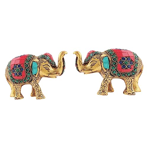 Image of Kalakriti Multicoloured Stone Studded Metal Trunk-up Elephant Showpiece for Good Luck (Vaastu) | Pack of 2 | Decorative Elephant Statue Idol for Home Decor for Prosperity and Luck