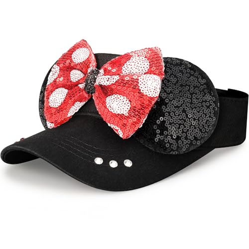 Adult Size Mouse Ears Visors for Women Adjustable Sun Visor Hat Baseball Cap with Sequin Mouse Ears Bow for Theme Park Decor Black Red
