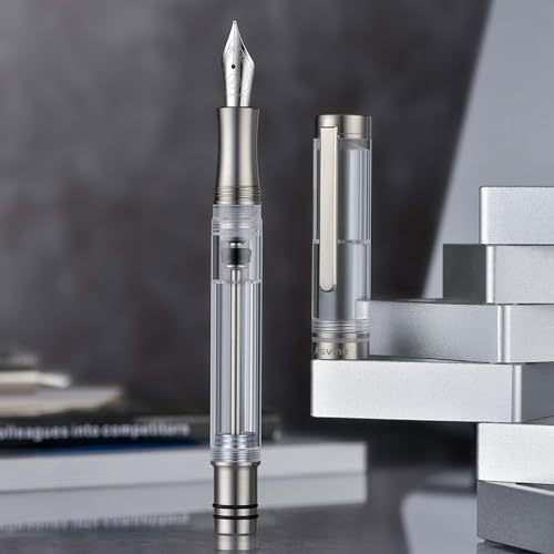 Image of Asvine V200 Titanium Fountain Pen Vacuum Filling, Iridium Extra Fine Nib Clear Transparent Acrylic Smooth Writing Pen Case Set