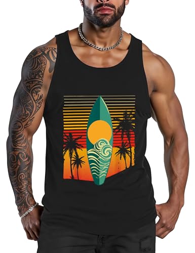 Mens Beach Tank Tops Graphic Muscle Hawaii Tropical Summer Beach Black Mens Sleeveless Tee Shirts...