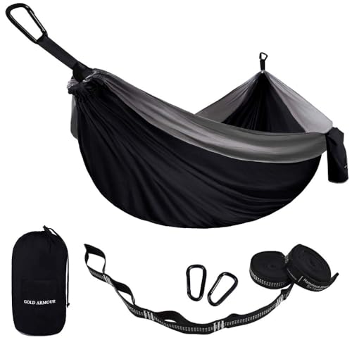 Gold Armour Camping Hammock - Portable Hammock Single Hammock Camping Accessories Gear for Outdoor Indoor Adult Kids, USA Based Brand (Black & Grey)
