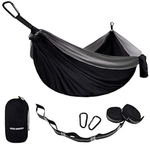 Gold Armour Camping Hammock – Portable Hammock Single Hammock Camping Accessories Gear for Outdoor Indoor Adult Kids, USA Based Brand (Black & Grey)