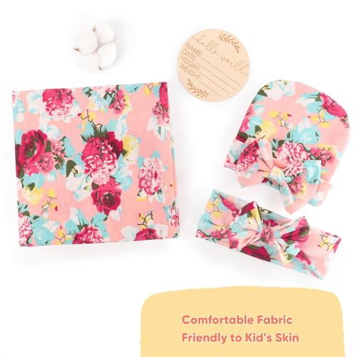 Image of DRESHOW BQUBO Baby Girl Newborn Floral Receiving Blankets with Bow Hat Headband Wooden Birth Announcement Card Set Newborn Baby Swaddling Hats Swaddle Blanket Toddler Warm Shower Gift