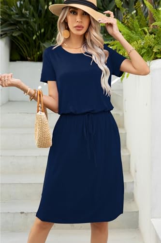 levaca Womens Summer Casual Dress Belly Drawstring Beach Coverup Short Sleeve 2025 Outfit Midi Sundress with Pockets3