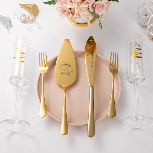 VARLKA Wedding Cake Knife and Server Set, Mr and Mrs Champagne Flutes Glasses & Forks with Wooden Box, Gold Cake Cutting Set for Wedding Engagement Bridal Shower Gifts by VARLKA - Image 7