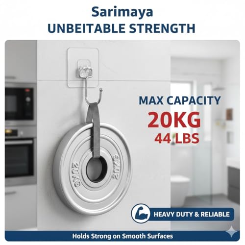 Image of Sarimaya Adhesive Wall Hooks Heavy Duty (Pack of 10) - Transparent Sticky Hooks for Hanging Towels, Coats, Kitchen Utensils - Waterproof Stainless Steel No Drill Hook for Home & Bathroom