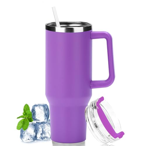 LOITTAINUE Taza térmica con pajita y asa, 1180 ml, taza de café To Go con tapa, doble pared, de acero inoxidable, taza aislante al vacío, taza portátil para bebidas frías y calientes (morado)
