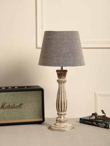 Image of Green Girgit Athens Wooden lamp with Taper Samre Grey Solid Shade, Vintage Style Table Lamp with Grey Fabric Shade, Distressed Wood Base, Farmhouse Design (LED Bulb Included)