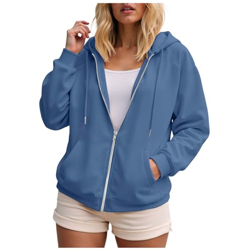, Hoodie Damen Sweatjacke Kapuzenjacke Lang Sweatshirt Kapuzenpullover Mit Kapuze Reißverschluss Mantel Oversize Pullover Übergangsjacke (Navy, XL)