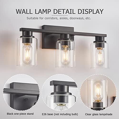 Atocif Bathroom Light Fixtures, 3 Light Bathroom Vanity Light, Farmhouse Wall Sconces With Cylinder Glass Shade, Black Vanity Lights For Living Room, Bedroom, Kitchen, Stairs #TOP2