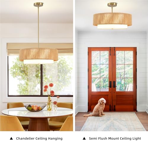 Fenluster 18'' Boho Rattan Chandelier Drum Pendant Light with Fabric Lampshade Hanging Light Fixture 3-Light Farmhouse Chandeliers for Dining Room Bedroom Kitchen Hallway Foyer by Fenluster - Image 5