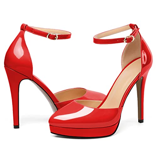 Mettesally Women's Platform Stiletto Pumps Pointed Toe Thin High Heels Ankle Strap Sandals Slip On Wedding Party Shoes4