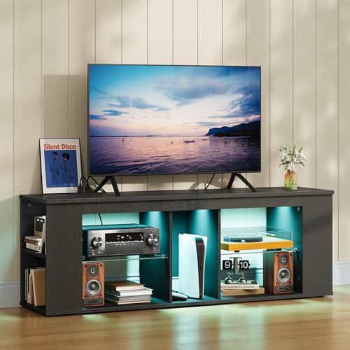 CHOEZON 55" TV Stand for up to 65" TVs with RGB LED Lights, Built-in Power Outlet, Adjustable Glass Shelves & Open Storage, Modern Media Console for Living Room & Game Room, Black MDS05UDBB