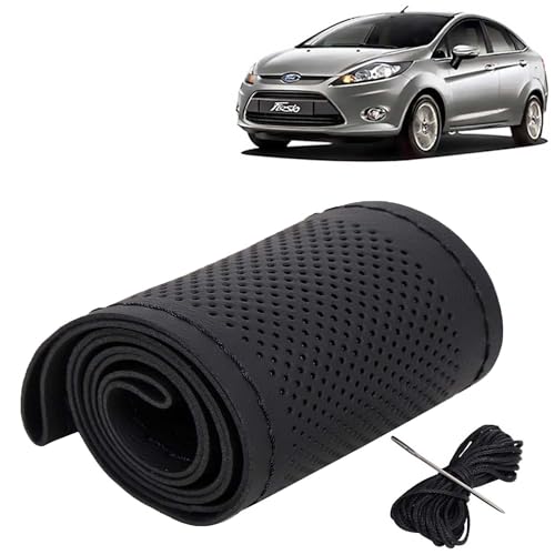 Image of KINGSWAY PU Leatherite Car Steering Cover Sewable Compatible with Ford Fiesta (Year 2011-2021), Black Color with Black Thread, Pack of 1 with Sewing Needle and Thread
