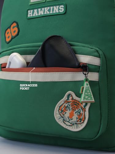 Image of The Souled Store Official Stranger Things Hawkins School Backpack | Green 18L Retro Daypack with 15.6 inch Laptop Sleeve & Embroidered Patches