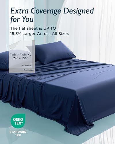 Breescape Cooling Sheet Set Twin XL Size - BlendTek™ Dry & Cool Technology for Hot Sleepers and Night Sweats, Q-Max>0.46 Tech, Deep Pocket Up to 18", 360° Elastic Band, Twilight Blue