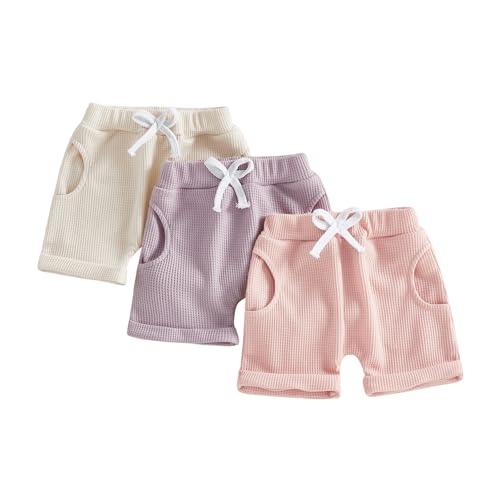 Image of Sejardin Toddler Baby Girl Shorts 3 Pack Solid Waffle Elastic Waist Bottoms Infant Summer Casual Shorts