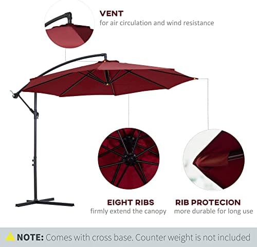 Outsunny 3(m) Garden Banana Parasol Hanging Cantilever Umbrella with Crank Handle, 8 Ribs and Cross Base for Outdoor, Sun Shade