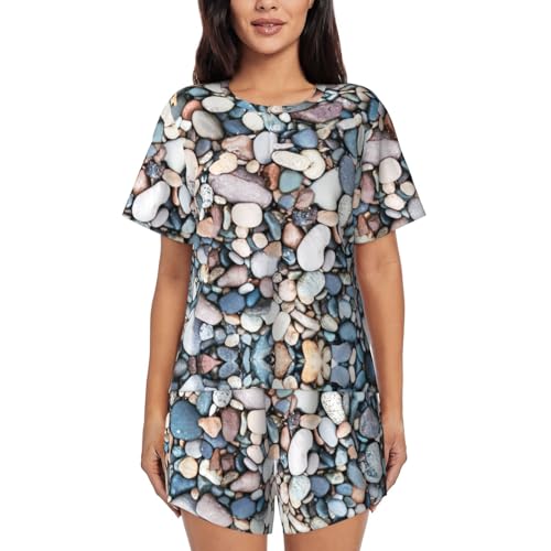 Pyjama 2 pièces femme doux manches courtes vêtement de nuit léger imprimé coloré taille élastique
