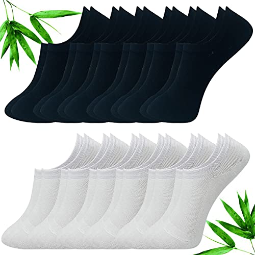 Calcetines Cortos de fibra bambu, 12 Pares, Transpirable y Anti-olor, Calcetines Invisibles con Silicona Antideslizante - Calcetines Tobilleros Mujer o Hombre (Negro y Blanco, 40-46)