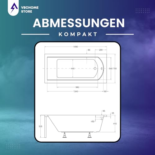 VBChome Badewanne 150x70 cm Acryl SET Schürze Siphon Wanne Rechteck Weiß Design Modern Ablaufgarnitur in Chrom – Bild 6