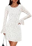 ZESICA Long Sleeve Mini Dresses for Women Spring Mesh Floral Crewneck Bodycon Wedding Guests Cocktail Party Short Dress White Large