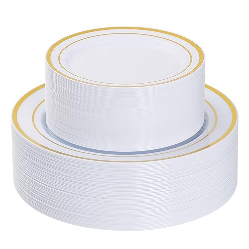 Goodluck - Goodluck 120PCS Gold Plastic Plates, Disposable Party Plates Gold Rim, 60 10 inch Heavy Duty Dinner Plates and 60 7 inch Dessert Plates, Disposable Plates for Party, Holiday, Wedding