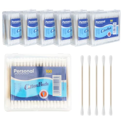 THINTON - Bamboo Cotton Swabs 600 Count, 100% Natural Cotton Buds with Storage Boxes (6 Box*100)