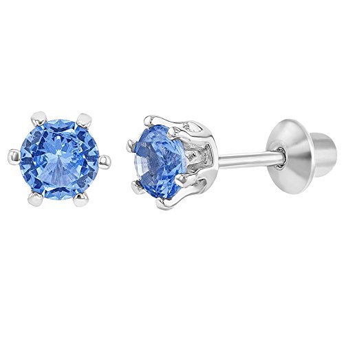 In Season Jewelry - 925 Plata de Ley Circonita Azul Redondo Conjunto de Aretes con Cierre de Rosca para Niñas o Adolescentes 4mm