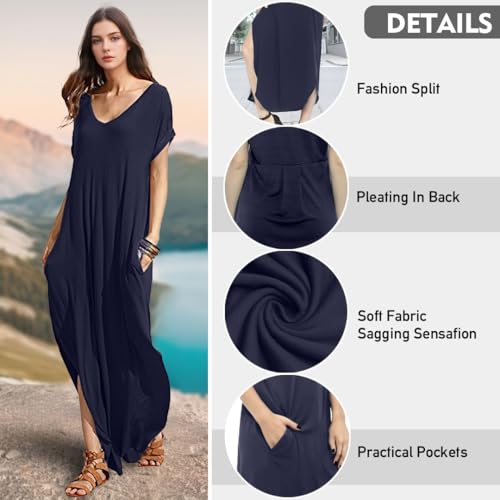 Image of Match Women's V-Neck Casual Loose Short Sleeve Long T-Shirt Dress Split Maxi Dress with Side Pocket