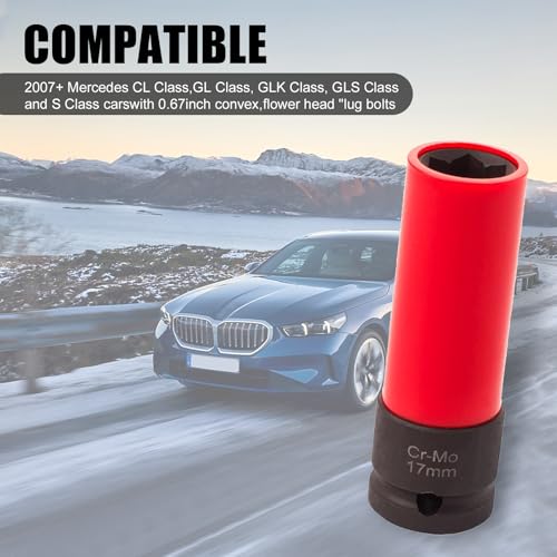 Image of Wheel Nut Socket, Wheel Lock Nut Removal Socket Wrench, 0.66 inch /17mm 1 /2 inch Drive Effort-Saving Removal Tool, Compatible with Mercedes-Benz S /C /A /B Class MLGLk (Red & Black)