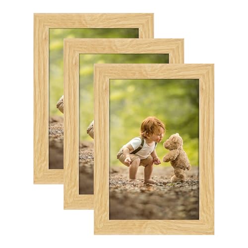 ATOBART - 3 cornici portafoto in legno chiaro con passepartout per immagini da 10 x 15 cm, con plastica vetro, per montaggio a parete