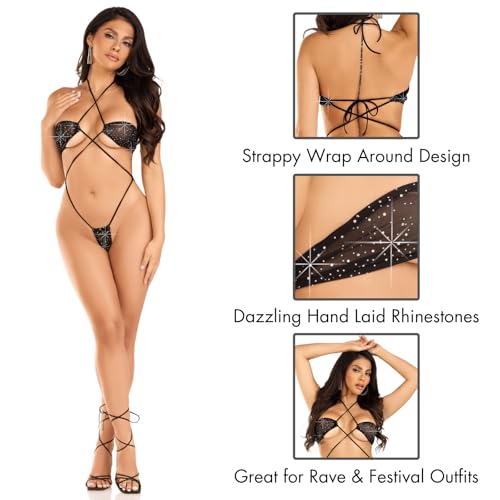 Bikini Bodysuit Strass Leg Avenue Lingerie Noire Unique