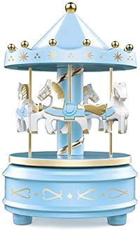 WEofferwhatYOUwant Carousel Music Box – Blue Horse Merry-Go-Round, Beethoven’s Für Elise | LED Lights | Twist-to-Play Music | Cake Topper & Nursery Decor | Baby Boy Gift | No Batteries for Music