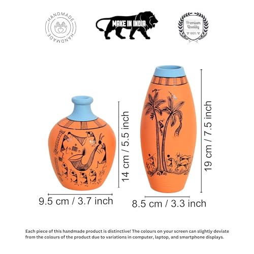 Image of Aakriti Art Creations Desert Safari Terracotta Vase Set of 2 | Handcrafted Warli Art Decorative Flower Vases | Matte Finish Orange Tribal Vase Set for Living Room Table Decor & Housewarming Gift