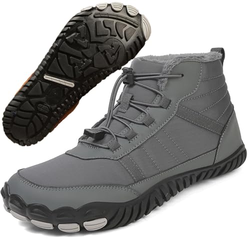 Men's Winter Wide Toe Box Barefoot Shoes Zero Drop Sole Fur Lined Snow Boots Waterproof High top Warm Trail Running Hiking Sneakers