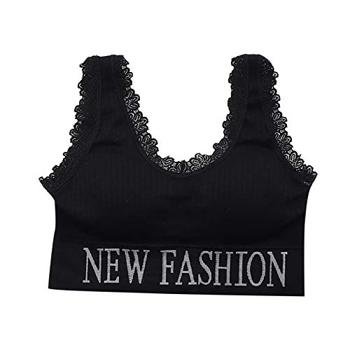 Soutien Gorge de Sport pour Femme, Grandes Bretelles en Dentelle Brassière Unies avec Lettres imprimées en Bas, Soutien-Gorge pour Exercice Intérieur Extérieur (Noir, Taille Unique) Cover