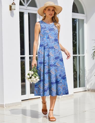 Image of HOTOUCH Summer Casual Dresses for Women Sleeveless Midi Dress Swing Tank Sundress Pleated Tshirt Dress with Pockets